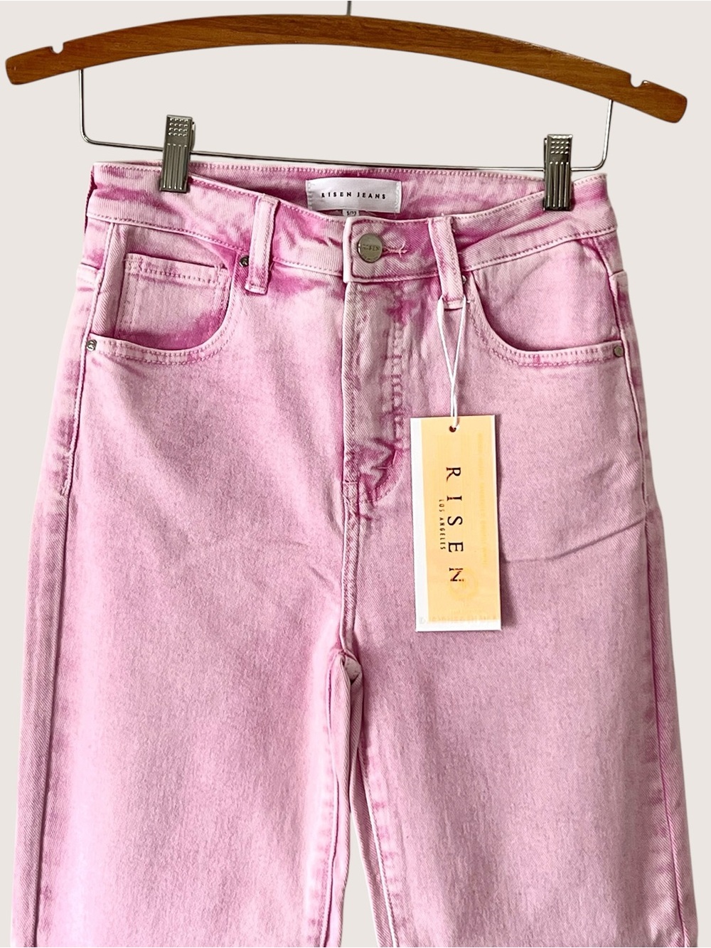 Risen Acid Pink High-Rise Straight Leg Jeans with Raw Hem - Picture 6 of 12